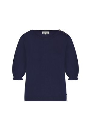 Marineblauwe pullover trui met een ronde halslijn, pofmouwen, geribbelde manchetten en zoom, met gouden knoopaccenten op de schouder.