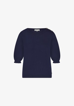 Navy blue pullover sweater with a round neckline, puffed sleeves, ribbed cuffs and hem, featuring gold button accents on the shoulder.