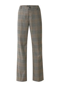 Check-pattern trousers featuring a blend of black, white, and brown hues; straight-leg design with a standard waistband and button closure.