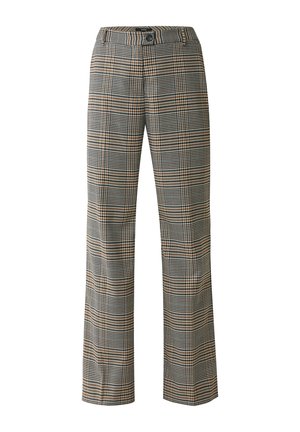 Pantalones de cuadro en una mezcla de tonos negro, blanco y marrón; diseño de pierna recta con cintura estándar y cierre de botón.