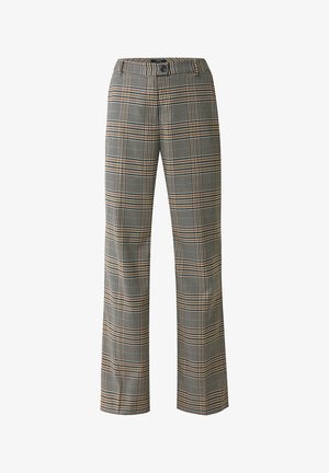 Spodnie w kratę w odcieniach czerni, bieli i brązu; prosty krój nogawki z standardowym pasem i zapięciem na guziki.