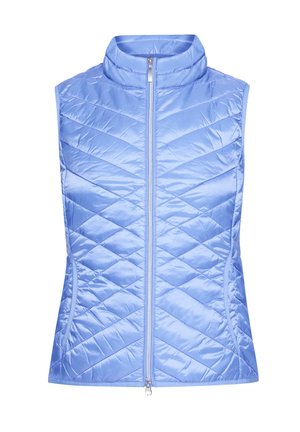 Jasnoniebieska kamizelka bez rękawów wykonana z błyszczącego, pikowanego materiału z wysokim kołnierzem, z zamkiem błyskawicznym na środku i ukośnym wzorem pikowania.