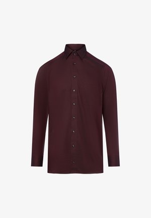 Bordeaux lange mouwen shirt van gladde stof, met een voorzak, zwarte knopen en een klassieke kraag.