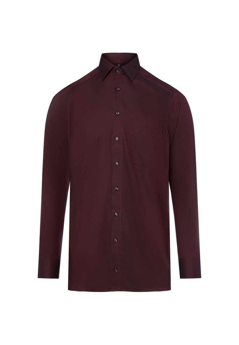 Camicia bordeaux a maniche lunghe realizzata in tessuto liscio, con taschino frontale, bottoni neri e colletto classico.