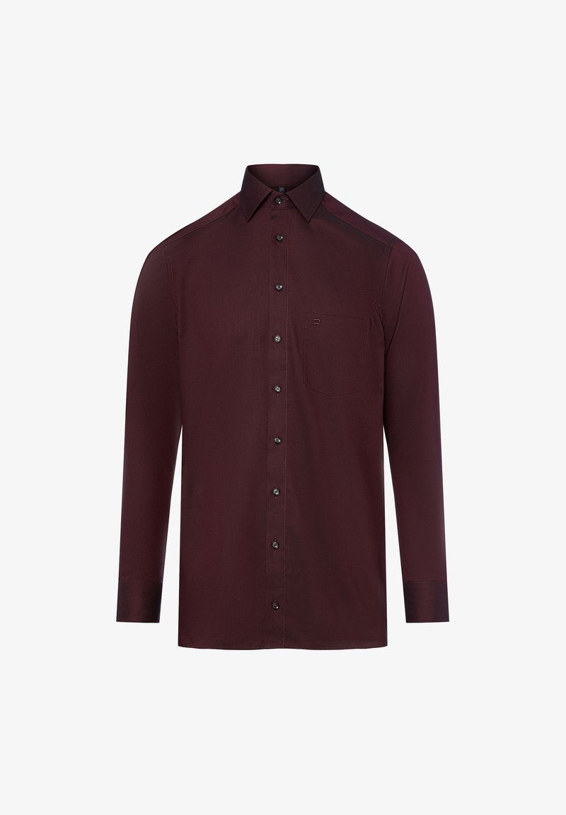 Camicia bordeaux a maniche lunghe realizzata in tessuto liscio, con taschino frontale, bottoni neri e colletto classico.