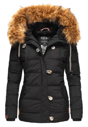 Black puffer jacket with a detachable faux fur hood. Features quilted texture, metal buttons, and adjustable drawstrings. Side pockets included.