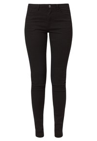 Jean skinny noir taille haute avec fermeture à boutons et fermeture éclair à l'avant, passants pour ceinture, poches avant et arrière.