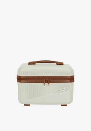 Witte harde case met een geribbelde textuur en bruine accenten, voorzien van een handvat aan de bovenkant en een dubbele ritssluiting. Afmetingen: compact, rechthoekig.