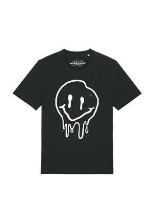 T-shirt noir à manches courtes avec un motif de smiley blanc en train de fondre, centré sur le devant.