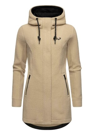 Beige fleece jacket met capuchon, ritssluiting aan de voorkant en zwarte ritssluitingaccenten. Heeft zijzakken en een zwarte voering. Textured stof.