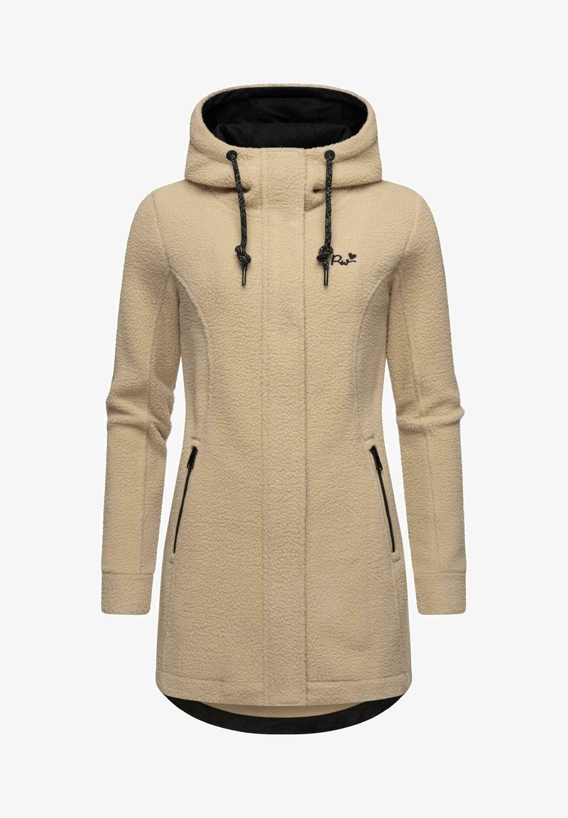 Gaišs fleece jaka ar kapuci, ar rāvējslēdzēju priekšpusē un melnām rāvējslēdzēju detaļām. Izturīgas sānu kabatas un melna iekšējā odere. Tekstūraina auduma.