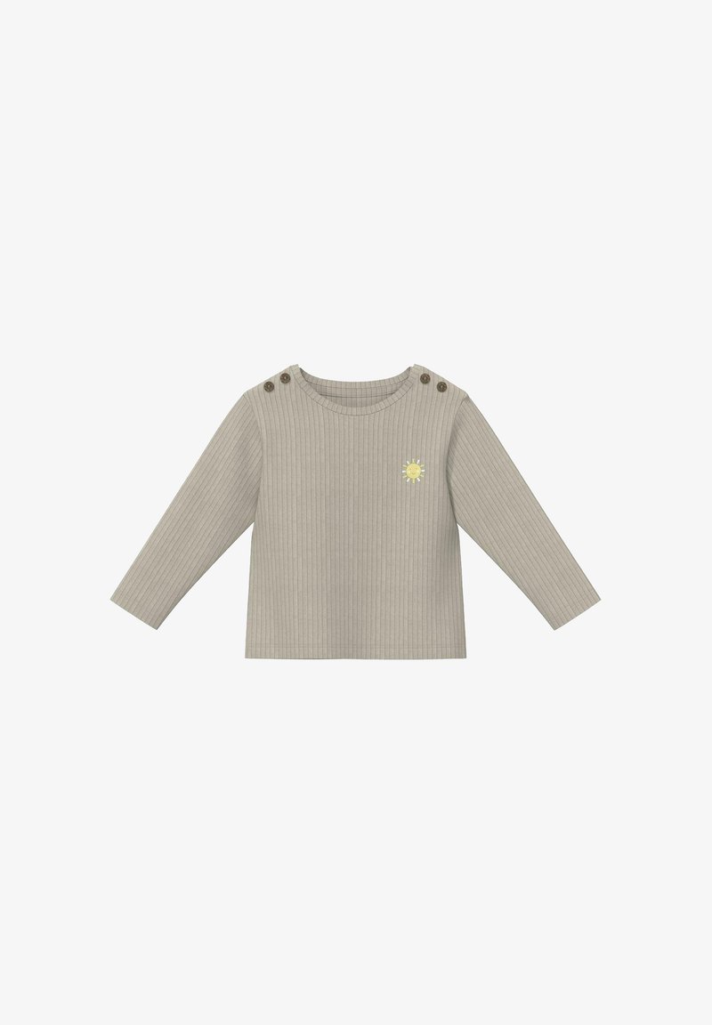 T-shirt bébé beige à manches longues côtelées avec encolure ronde, détails de boutons sur les épaules et petit motif de soleil jaune sur la poitrine.