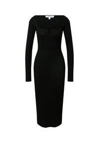 Schwarzes geripptes Kleid mit langen Ärmeln, tiefem quadratischen Ausschnitt und figurbetonter Silhouette. Das Material ist dehnbar und hat eine glatte Textur.