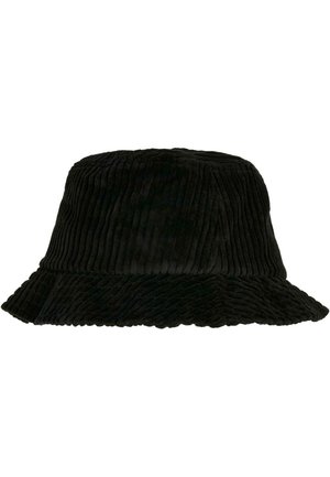 Sort fløjls bucket hat med lodrette ribber, bred floppy skygge og en blød tekstur. Velegnet til afslappet brug.