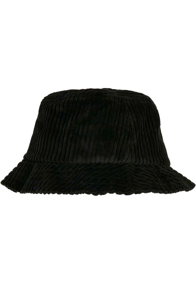 Cappello a secchiello in corduroy nero con righe verticali, ampia tesa floscia e una consistenza morbida. Adatto per un look informale.