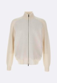 Helle beige Zip-Jacke mit hohem Kragen, gerippten Ärmeln und einer glatten Stoffoberfläche. Besitzt ein kontrastierendes Strickmuster.