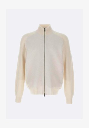 Ljusbeige zip-up tröja med hög krage, ribbade ärmar och en slät kroppstextur. Har en kontrasterande stickad design.