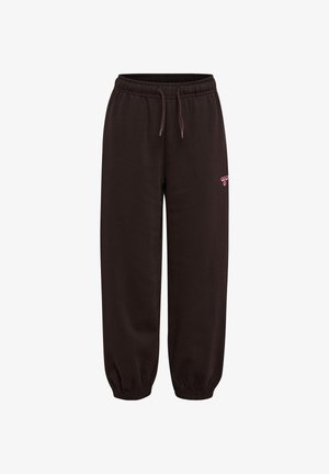 Donkerbruine joggingbroek met elastische boorden en tailleband, verstelbare trekkoord en klein roze bijenlogo op de bovenste linker dij.