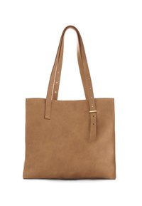 Borsa a tote in pelle marrone con una texture liscia, due manici lunghi e un accento con fibbia singola. Design semplice e rettangolare senza dettagli aggiuntivi.