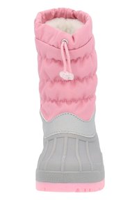 Rosa und grauer Winterstiefel mit einer strukturierten Gummisohle. Das Obermaterial besteht aus gepufftem Stoff mit einem gerafften Design und einer verstellbaren Kordelzug oben.