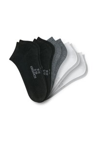 Cinq paires de chaussettes de cheville en noir, gris foncé et blanc, disposées en chevauchement avec la taille et le texte de la marque visibles sur les chaussettes noires.