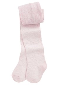 Helle rosa Strumpfhosen mit einem strukturierten Muster aus kleinen Herzen, aus einem weichen, dehnbaren Material, mit einem umgeschlagenen Bund oben.