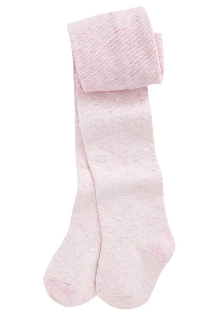 Helle rosa Strumpfhosen mit einem strukturierten Muster aus kleinen Herzen, aus einem weichen, dehnbaren Material, mit einem umgeschlagenen Bund oben.