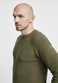 Zielono-oliwkowy sweter z prążkowanej dzianiny z okrągłym dekoltem i rękawami raglanowymi, prezentujący teksturowany materiał i dopasowany krój.