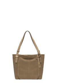 Borsa tote in suede marrone con tracolla lunga e regolabile e apertura superiore. Caratterizzata da una texture liscia e un design minimalista senza componenti visibili.