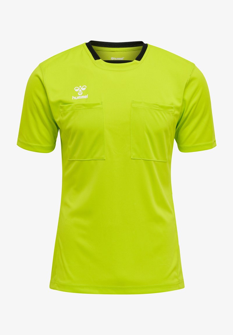 Maglietta da arbitro verde fluorescente con maniche corte, colletto nero e due tasche frontali. Realizzata in tessuto leggero e traspirante.