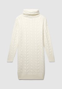 Abito a pullover in maglia a treccia di colore bianco sporco, con colletto alto, maniche lunghe e modelli testurizzati su tutta la superficie. Tessuto morbido e caldo.