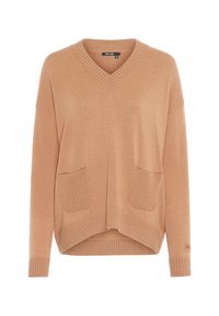 V-neck sweater in light brown, soft knit fabric, featuring ribbed accents and two front pockets with textured detailing.
