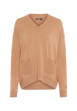 V-neck sweater in light brown, soft knit fabric, featuring ribbed accents and two front pockets with textured detailing.