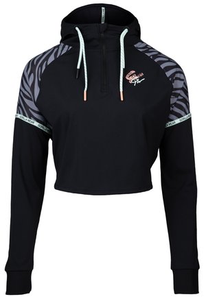 Black cropped hoodie with long sleeves, zip front, and leaf-patterned gray accents. Features a drawstring hood and branded hem.