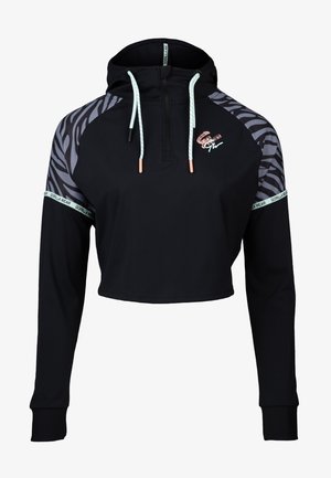 Zwarte cropped hoodie met lange mouwen, rits aan de voorkant en grijze accenten met bladpatroon. Heeft een capuchon met trekkoord en een gebrandmerkte zoom.