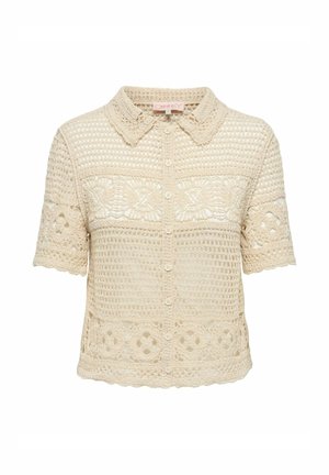 Beige kortermet heklet skjorte med knapper, med blomster- og geometriske mønstre og klassisk krage.