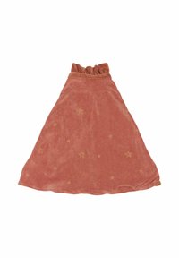 Velournederdel i støvet pink med en rynket talje. Har gyldne stjernemønstre spredt over stoffet. Glat tekstur.