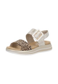 Leopard-print sandal with a gold metallic upper, white buckle accent, cushioned footbed, and a thick white sole with gray stripes.
