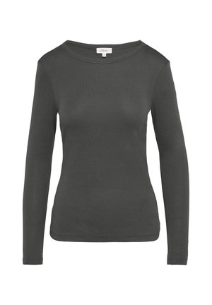 Donkergrijze langemouwen top met een brede halslijn, gemaakt van een gladde stof, nauwsluitend ontwerp en subtiele stiksels aan de zoom en manchetten.