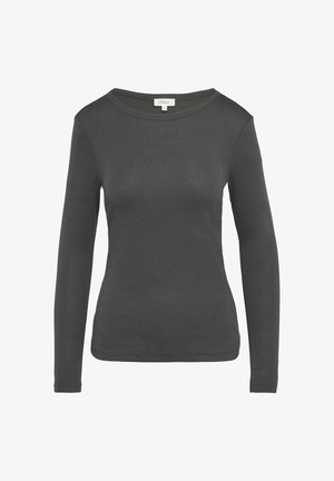 Donkergrijze langemouwen top met een brede halslijn, gemaakt van een gladde stof, nauwsluitend ontwerp en subtiele stiksels aan de zoom en manchetten.