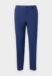 Pantalons bleu marine en tissu lisse ; coupe slim avec une jambe droite, fermeture à un bouton et poches latérales.