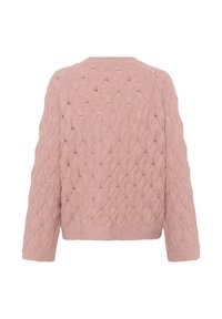 Hellrosa gestrickter Pullover mit einem Kabelmuster, langen Ärmeln und rundem Ausschnitt. Verfügt über ein offenes Maschenmuster für Atmungsaktivität.