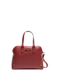 Sac en cuir rouge avec poignées doubles, fermeture zip, quincaillerie en ton doré et accents décoratifs sur les côtés. Texture lisse, design structuré.