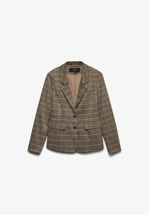 Blazer à carreaux marron avec un col cranté, deux poches avant, deux boutons noirs et une doublure beige. Présente une coupe structurée.