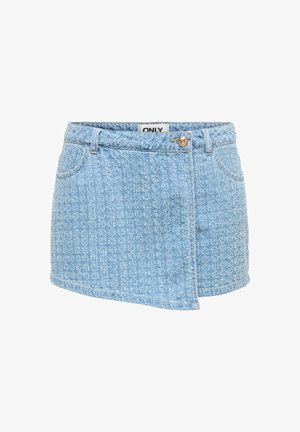 Svetlomodrá textúrovaná denim mini sukňa s asymetrickým predným dielom, opaskovými očkami, prednými vreckami a zapínaním na gombíky.