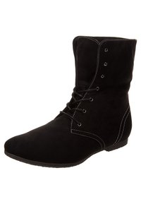 Bottine en daim noir avec lacets à l'avant, surpiqûres blanches contrastantes et semelle plate.