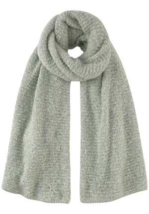 Écharpe tricotée gris clair avec un motif doux et texturé, pliée lâchement pour montrer sa longueur et son tissu confortable.