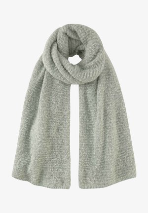 Écharpe tricotée gris clair avec un motif doux et texturé, pliée lâchement pour montrer sa longueur et son tissu confortable.