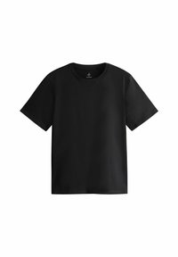 Musthave musta puuvillane T-särk, millel on ümar kaelus ja lühikesed varrukad. Kujundatud lihtsa, sileda tekstuuri ja lõdva istuvusega.