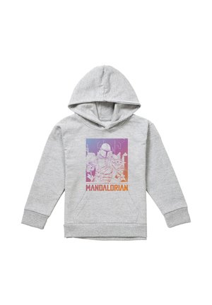 Hellgrauer Hoodie mit Fronttasche, versehen mit einer Grafik von Mandalorianer und Grogu sowie dem Text "The Mandalorian" in Orange- und Rottönen.